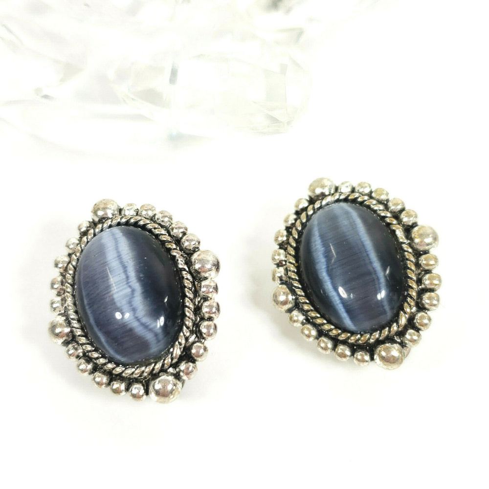 Blue Cats Eye Clip Earrings Silver Tone